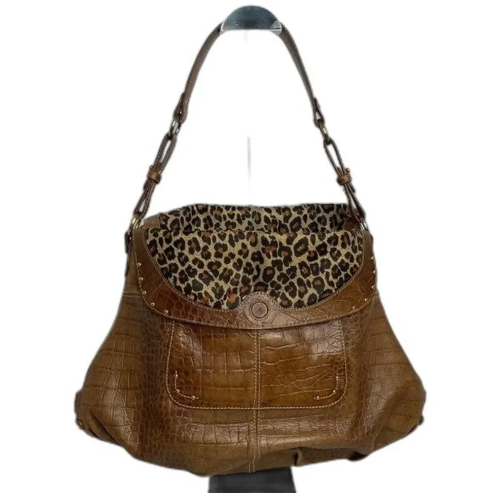 MAXX New York Women's Croc / Leather Jaguar Lining Adj Shoulder Bag Brown GC